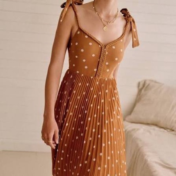 Sezane Dresses & Skirts - Sezane Nella Brown Polka Dot Tie-Shoulder Midi Dress